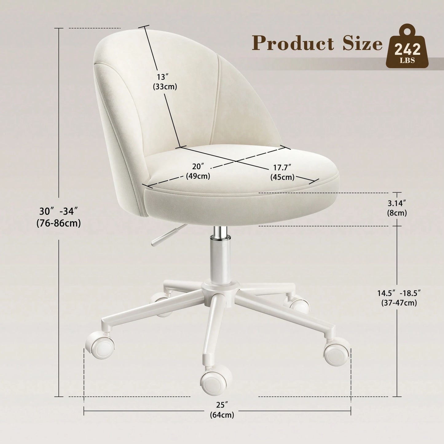 Vanity Chair With Wheels Velvet Swivel Desk Chair Adjustable Height Armless Small Office Chair With Lumbar Support Silla De Vanity For Makeup Room, Bedroom, White