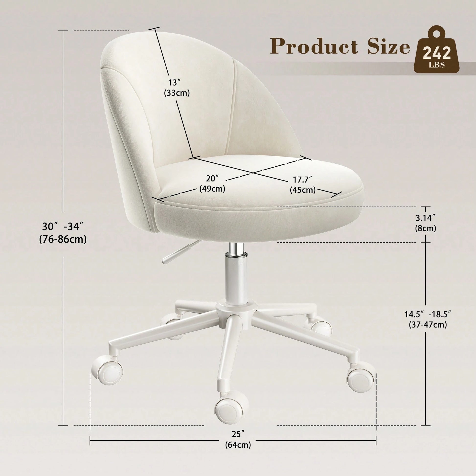 Vanity Chair With Wheels Velvet Swivel Desk Chair Adjustable Height Armless Small Office Chair With Lumbar Support Silla De Vanity For Makeup Room, Bedroom, White