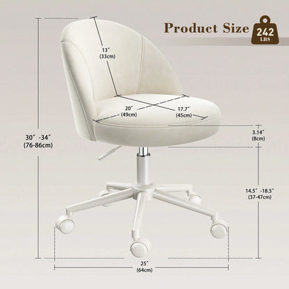 Vanity Chair With Wheels Velvet Swivel Desk Chair Adjustable Height Armless Small Office Chair With Lumbar Support Silla De Vanity For Makeup Room, Bedroom, White