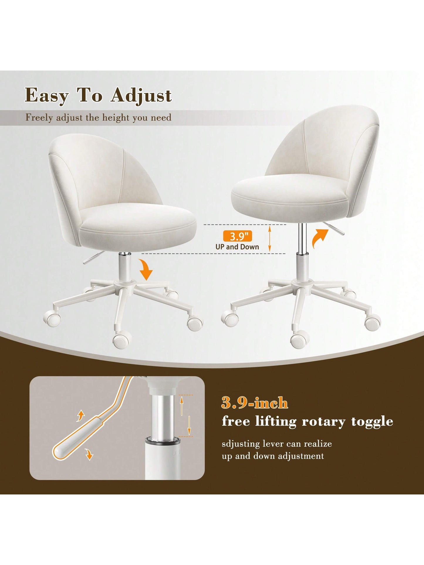 Vanity Chair With Wheels Velvet Swivel Desk Chair Adjustable Height Armless Small Office Chair With Lumbar Support Silla De Vanity For Makeup Room, Bedroom, White