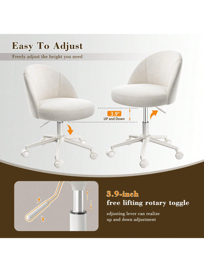 Vanity Chair With Wheels Velvet Swivel Desk Chair Adjustable Height Armless Small Office Chair With Lumbar Support Silla De Vanity For Makeup Room, Bedroom, White