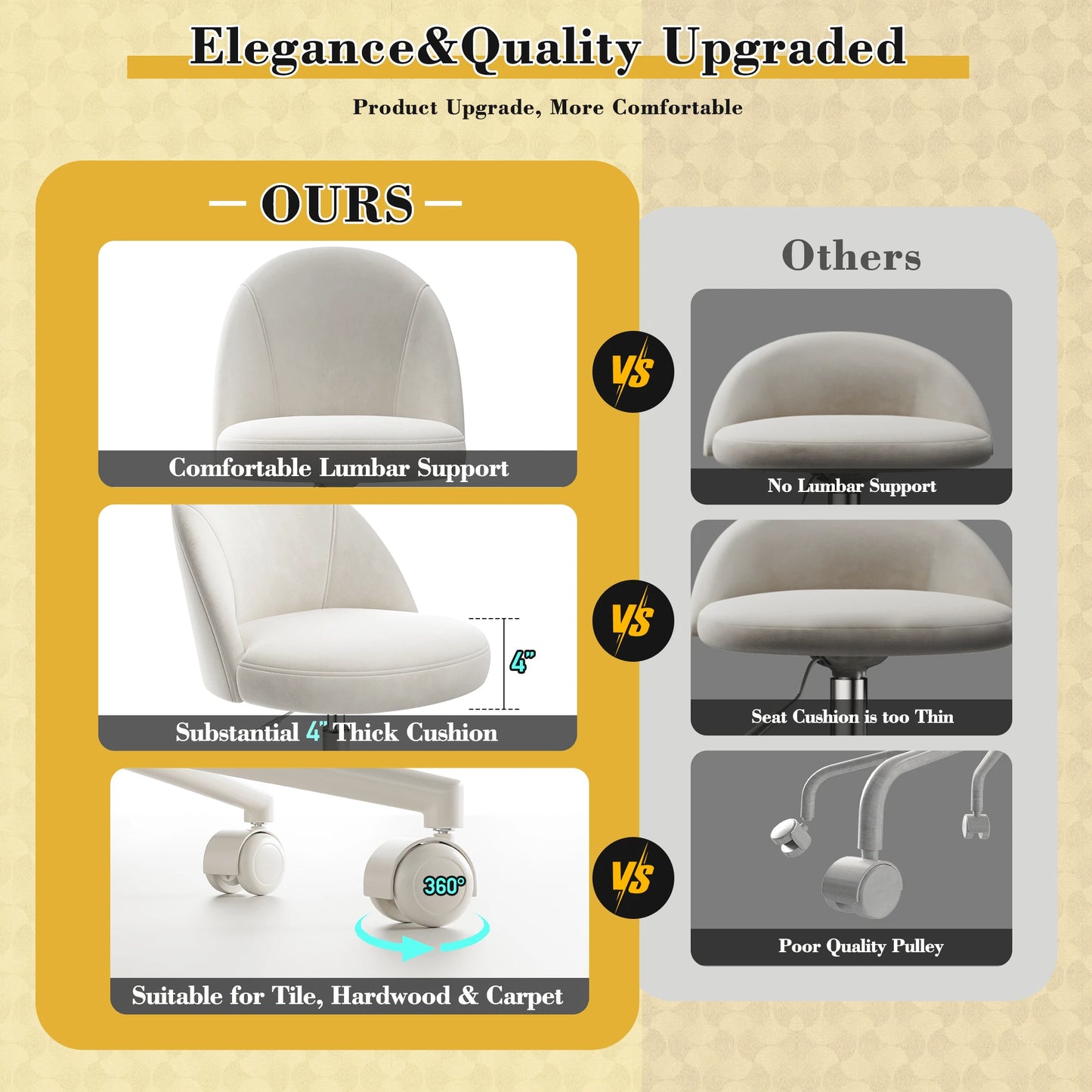 Vanity Chair With Wheels Velvet Swivel Desk Chair Adjustable Height Armless Small Office Chair With Lumbar Support Silla De Vanity For Makeup Room, Bedroom, White