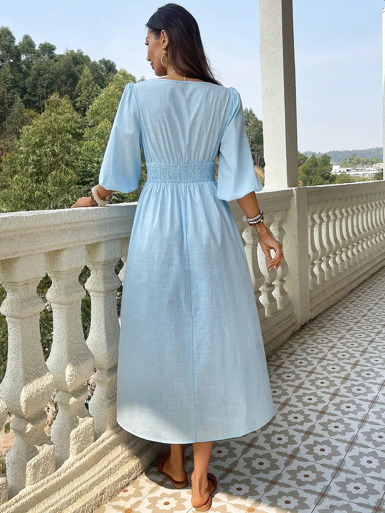 VCAY Women's Spring Summer Boho Dress Blue Linen Front Tie Midi Sun Dresses Beachwear For Women Beach Outfits Woman Rave Festival Vacation Nashville
