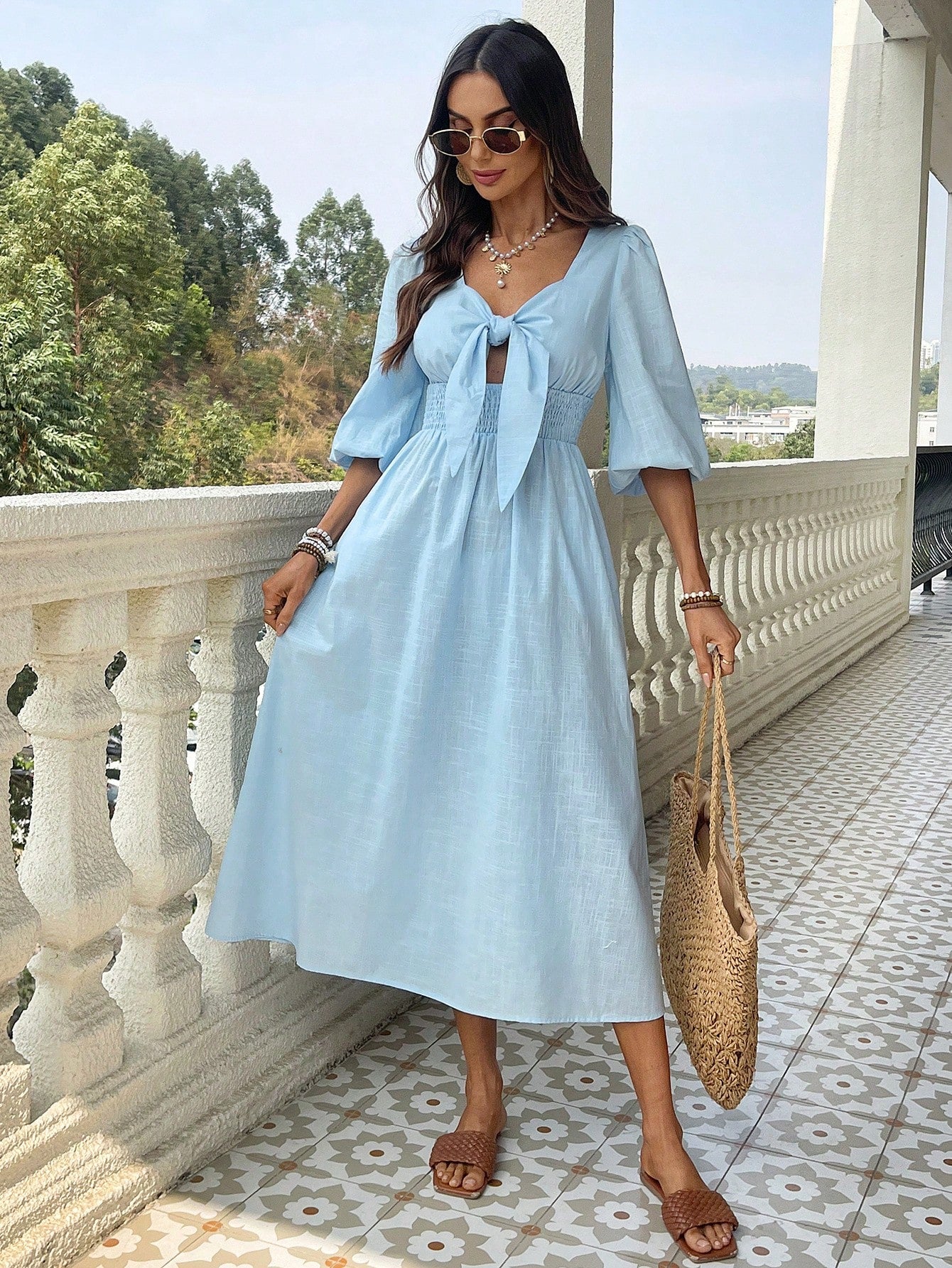 VCAY Women's Spring Summer Boho Dress Blue Linen Front Tie Midi Sun Dresses Beachwear For Women Beach Outfits Woman Rave Festival Vacation Nashville