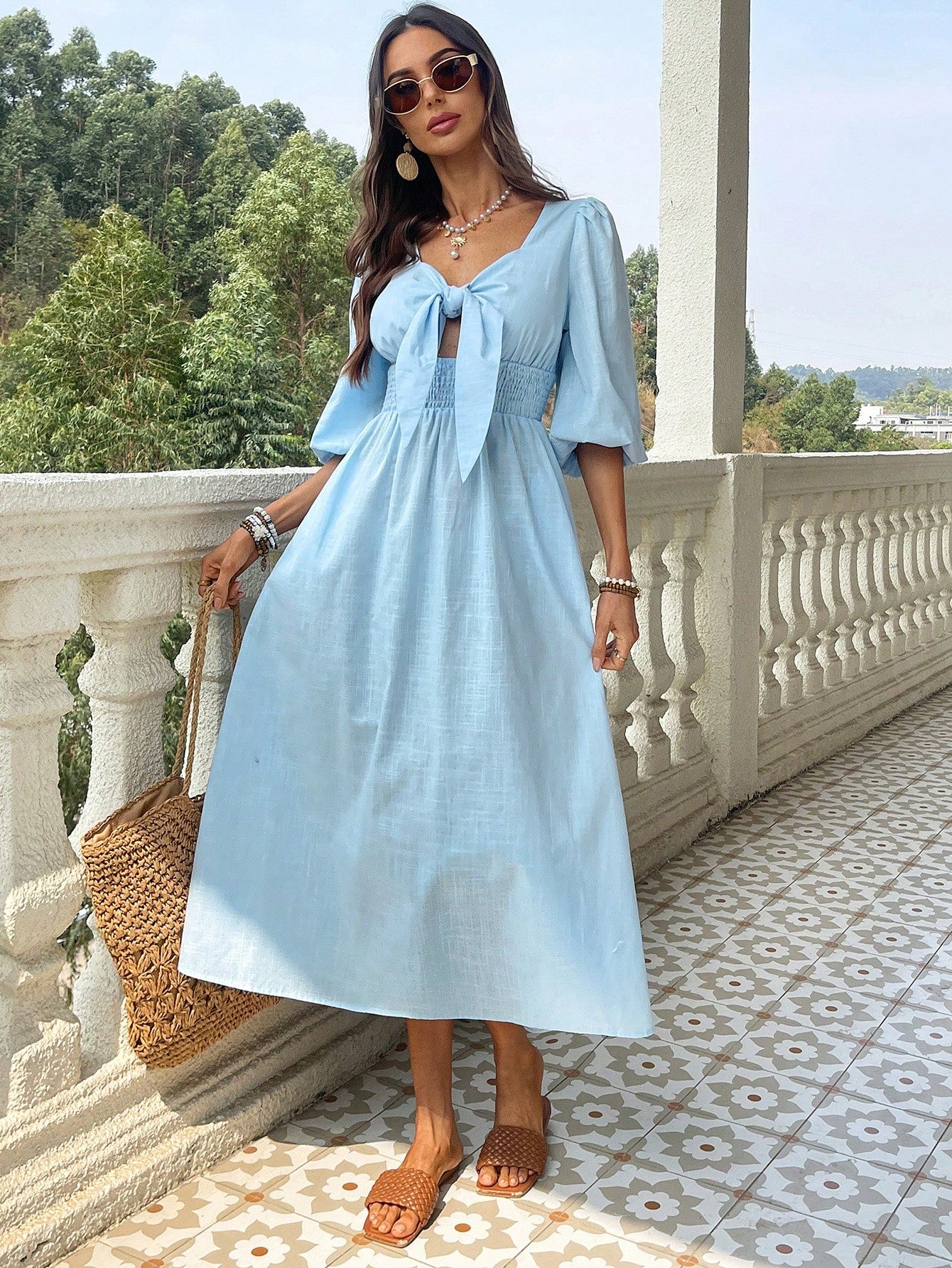 VCAY Women's Spring Summer Boho Dress Blue Linen Front Tie Midi Sun Dresses Beachwear For Women Beach Outfits Woman Rave Festival Vacation Nashville