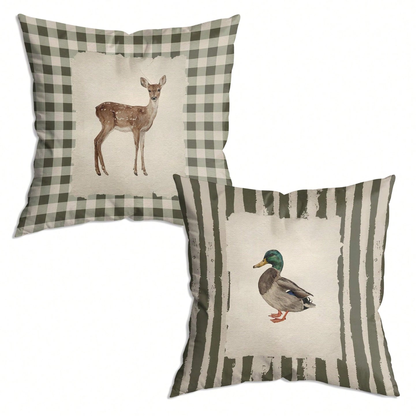 Vintage Checkered Deer Striped Mallard Duck Pillow Covers 18x18 Set Of 2, Housewarming Gifts,Rustic Cottagecore Animal Farm Field Pillow Covers Decor For Home Bedroom Living Room