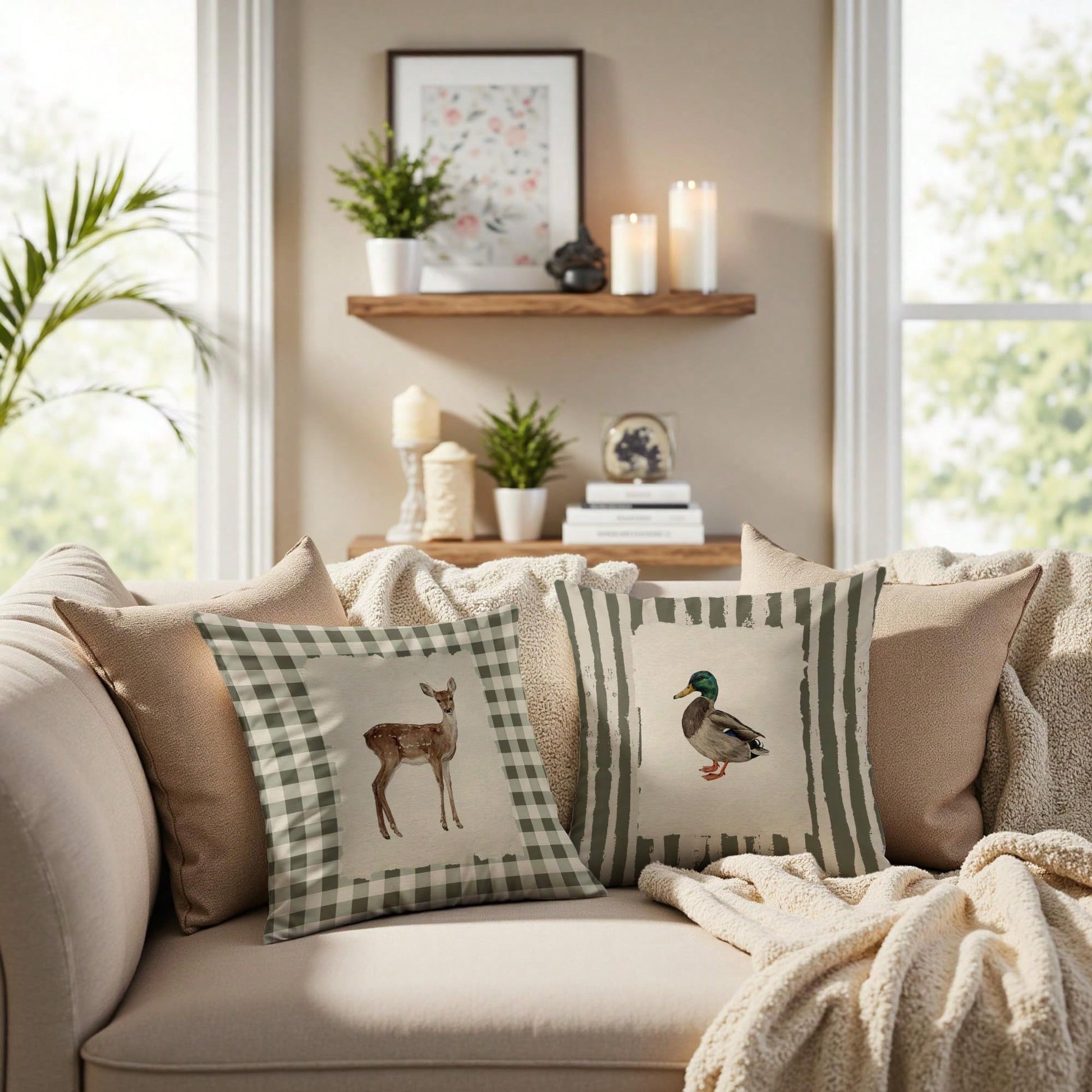 Vintage Checkered Deer Striped Mallard Duck Pillow Covers 18x18 Set Of 2, Housewarming Gifts,Rustic Cottagecore Animal Farm Field Pillow Covers Decor For Home Bedroom Living Room