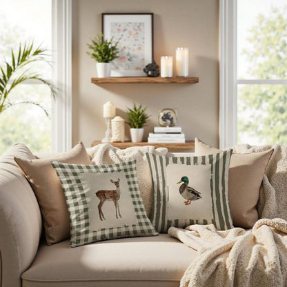 Vintage Checkered Deer Striped Mallard Duck Pillow Covers 18x18 Set Of 2, Housewarming Gifts,Rustic Cottagecore Animal Farm Field Pillow Covers Decor For Home Bedroom Living Room
