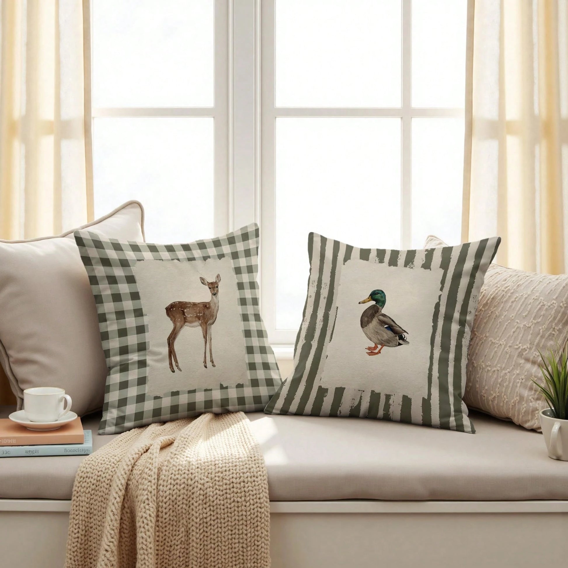 Vintage Checkered Deer Striped Mallard Duck Pillow Covers 18x18 Set Of 2, Housewarming Gifts,Rustic Cottagecore Animal Farm Field Pillow Covers Decor For Home Bedroom Living Room