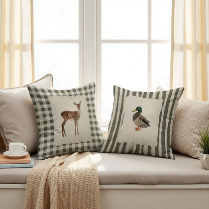 Vintage Checkered Deer Striped Mallard Duck Pillow Covers 18x18 Set Of 2, Housewarming Gifts,Rustic Cottagecore Animal Farm Field Pillow Covers Decor For Home Bedroom Living Room