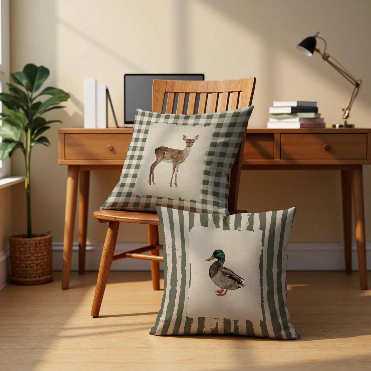 Vintage Checkered Deer Striped Mallard Duck Pillow Covers 18x18 Set Of 2, Housewarming Gifts,Rustic Cottagecore Animal Farm Field Pillow Covers Decor For Home Bedroom Living Room