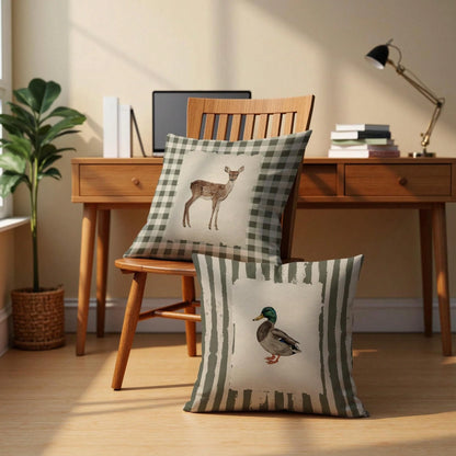 Vintage Checkered Deer Striped Mallard Duck Pillow Covers 18x18 Set Of 2, Housewarming Gifts,Rustic Cottagecore Animal Farm Field Pillow Covers Decor For Home Bedroom Living Room