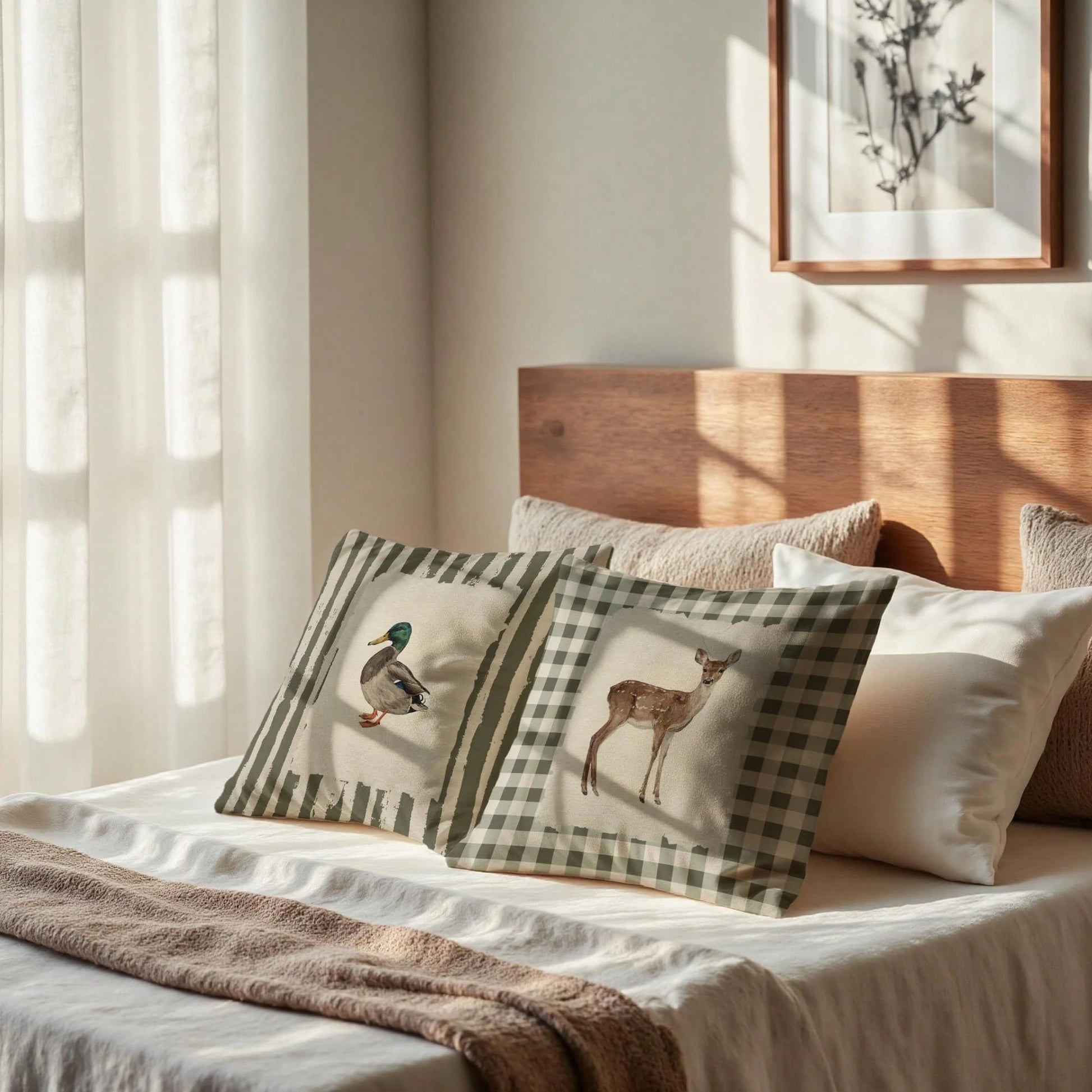 Vintage Checkered Deer Striped Mallard Duck Pillow Covers 18x18 Set Of 2, Housewarming Gifts,Rustic Cottagecore Animal Farm Field Pillow Covers Decor For Home Bedroom Living Room