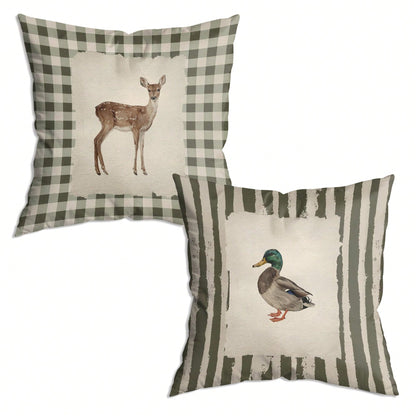 Vintage Checkered Deer Striped Mallard Duck Pillow Covers 18x18 Set Of 2, Housewarming Gifts,Rustic Cottagecore Animal Farm Field Pillow Covers Decor For Home Bedroom Living Room