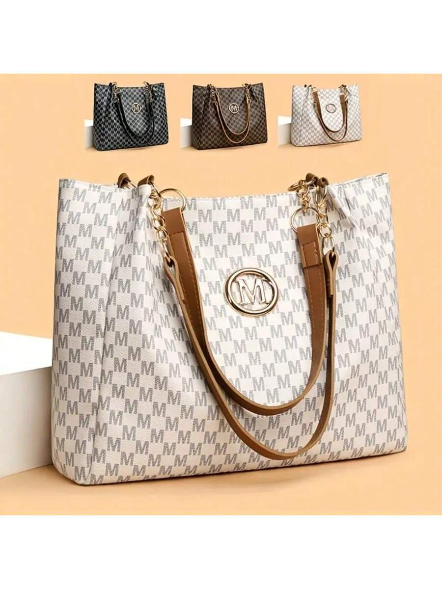 Vintage Geometric Tote Bag For Women-  Synthetic Leather Shoulder Handbag With Golden-Tone Hardware, Herringbone Pattern & Letter "M" Design