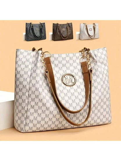 Vintage Geometric Tote Bag For Women-  Synthetic Leather Shoulder Handbag With Golden-Tone Hardware, Herringbone Pattern & Letter "M" Design