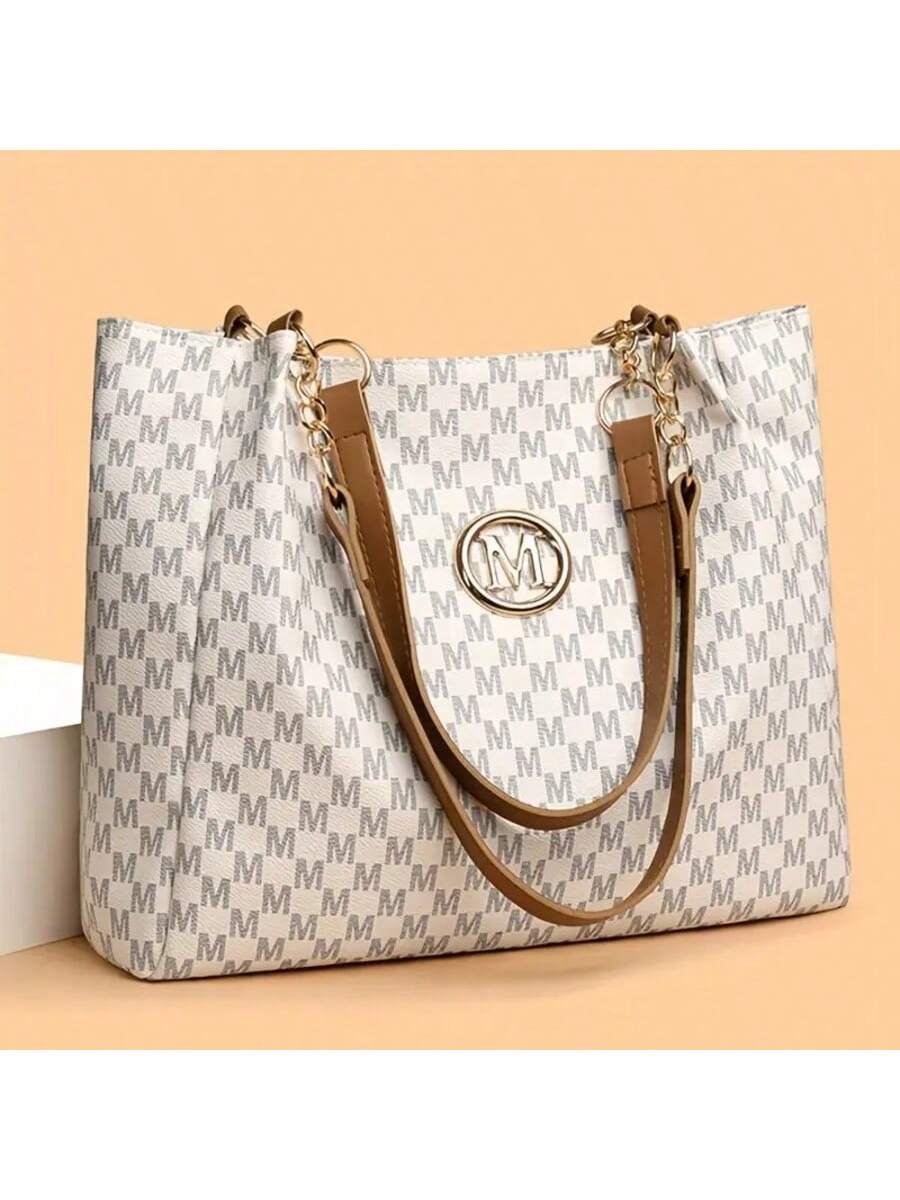 Vintage Geometric Tote Bag For Women-  Synthetic Leather Shoulder Handbag With Golden-Tone Hardware, Herringbone Pattern & Letter "M" Design