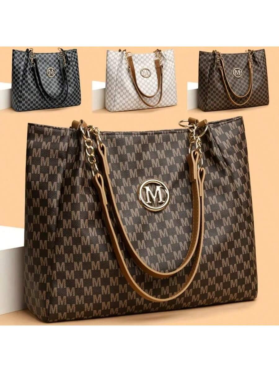 Vintage Geometric Tote Bag For Women-  Synthetic Leather Shoulder Handbag With Golden-Tone Hardware, Herringbone Pattern & Letter "M" Design