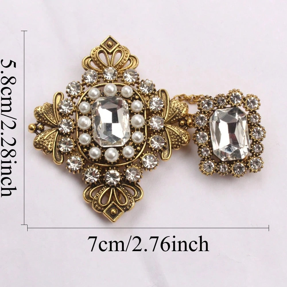 Vintage Ornate Brooch, Gold-Toned Craft With Pearl, Large Clear Crystal, Intricate Pattern & Chain-Attached Accent Detailing, Elegant Statement Accessory For Fashion Enthusiasts, Ideal For Outfits, Ba
