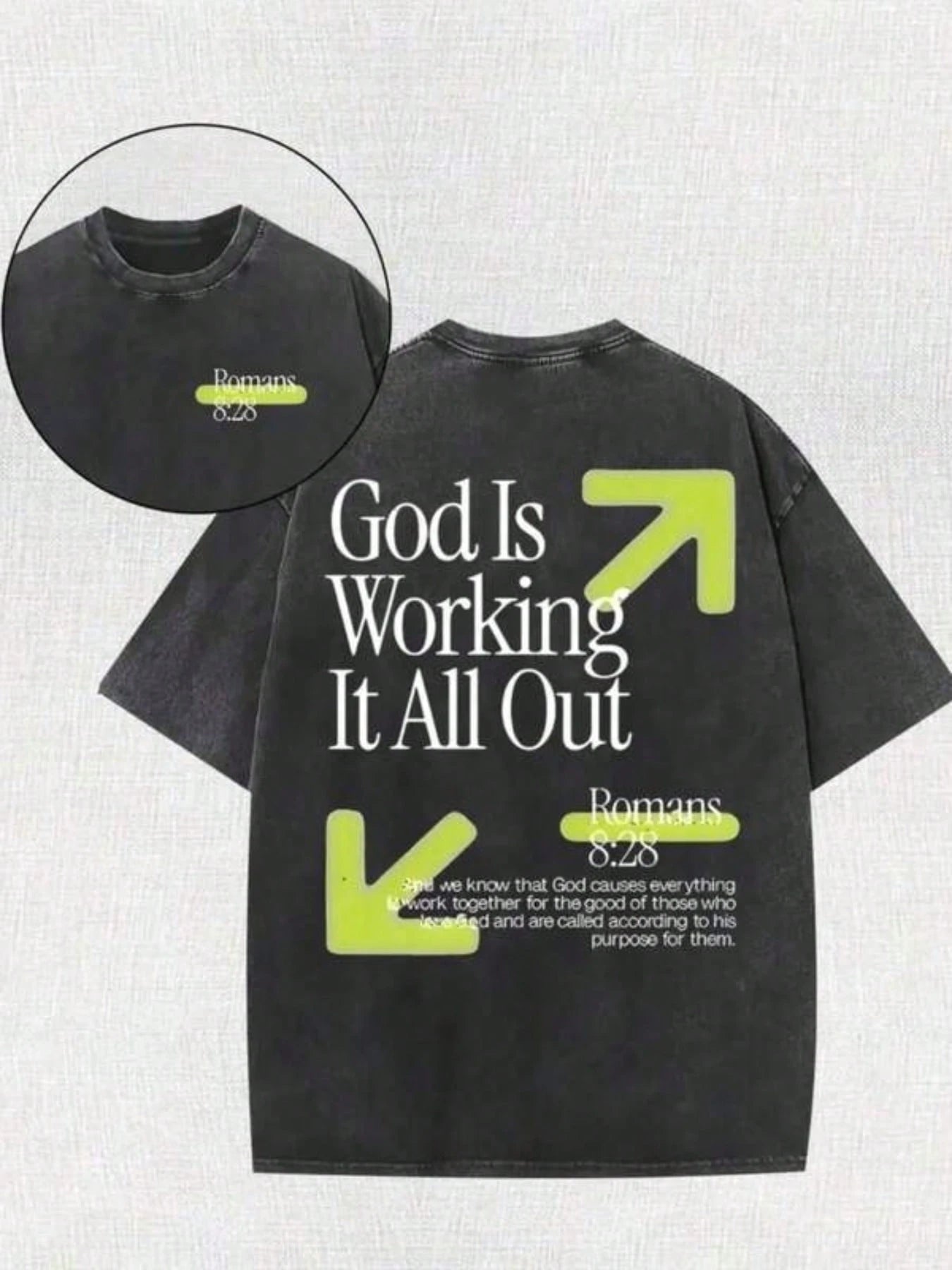 Vintage Washed T-Shirt Double Sided Printed (230 Pure Cotton T-Shirt) God Is Working It All Out Romans Graphic, Comfortable, Fashionable T-Shirt