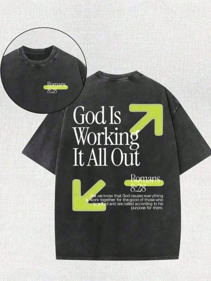 Vintage Washed T-Shirt Double Sided Printed (230 Pure Cotton T-Shirt) God Is Working It All Out Romans Graphic, Comfortable, Fashionable T-Shirt