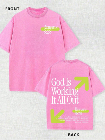 Vintage Washed T-Shirt Double Sided Printed (230 Pure Cotton T-Shirt) God Is Working It All Out Romans Graphic, Comfortable, Fashionable T-Shirt