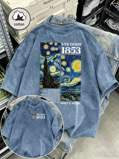 Vintage Washed Van Gogh Starry Sky Graphic Letter Print Plus Size T-Shirt, Women Casual Loose Summer Top