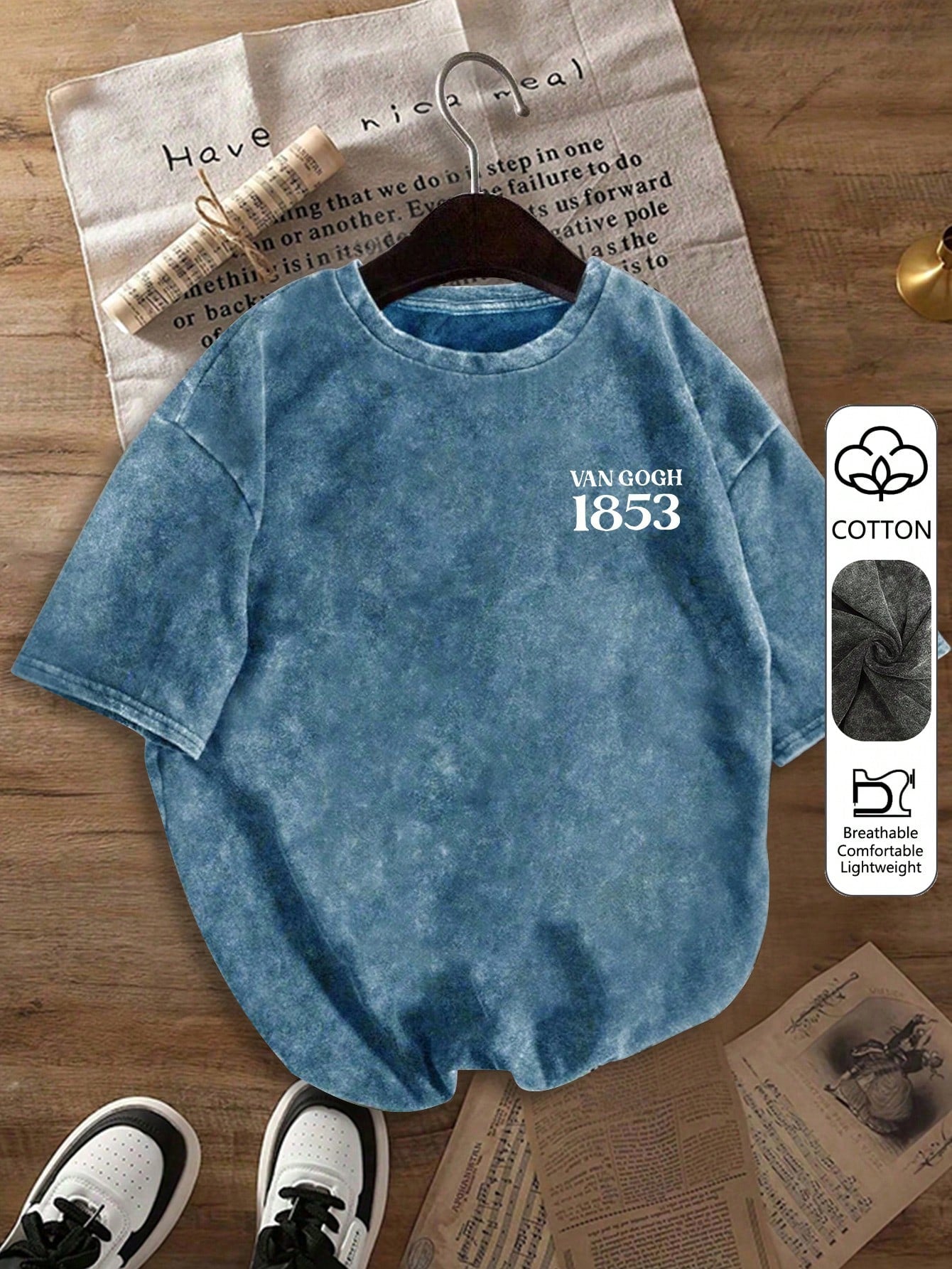 Vintage Washed Van Gogh Starry Sky Graphic Letter Print Plus Size T-Shirt, Women Casual Loose Summer Top