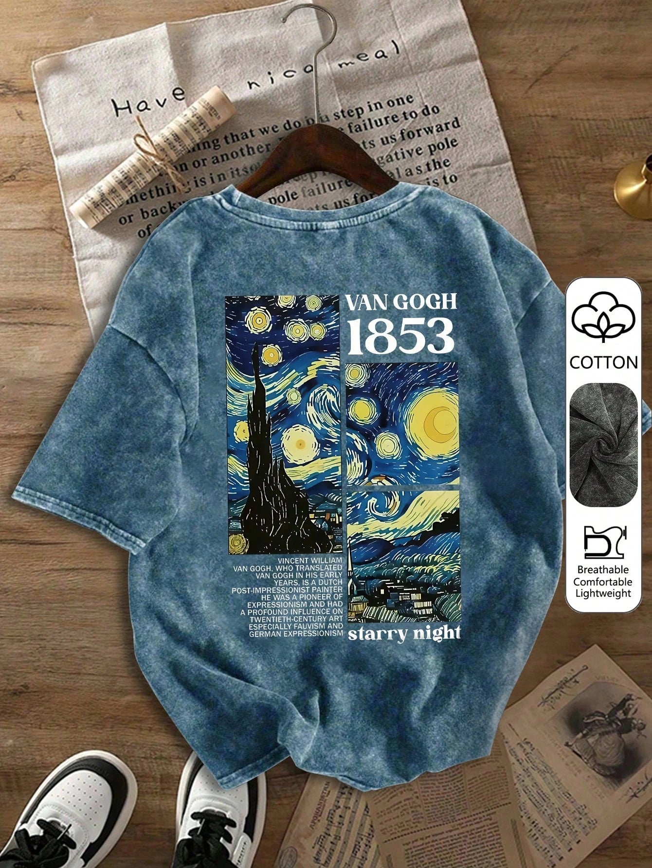 Vintage Washed Van Gogh Starry Sky Graphic Letter Print Plus Size T-Shirt, Women Casual Loose Summer Top