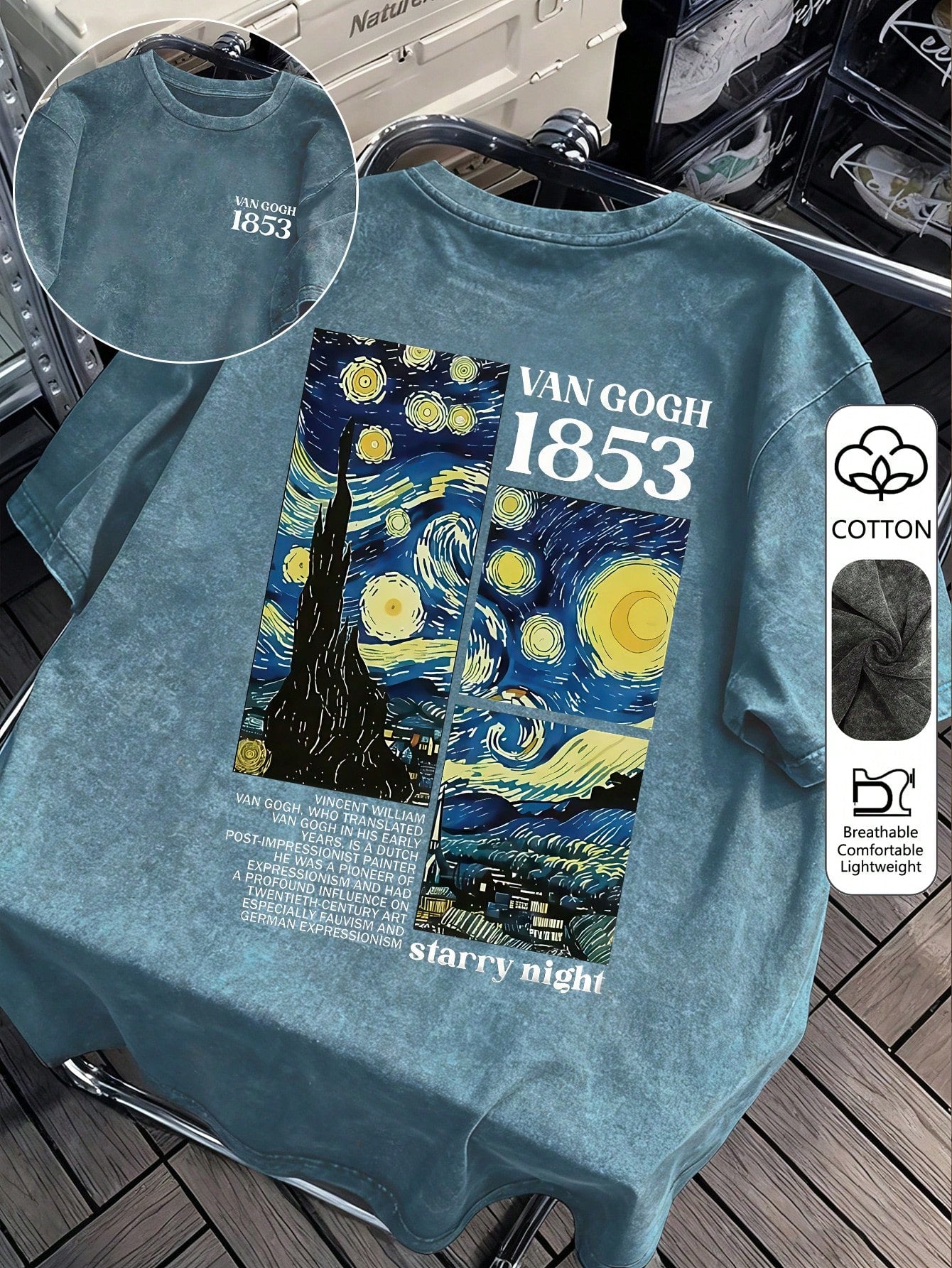 Vintage Washed Van Gogh Starry Sky Graphic Letter Print Plus Size T-Shirt, Women Casual Loose Summer Top