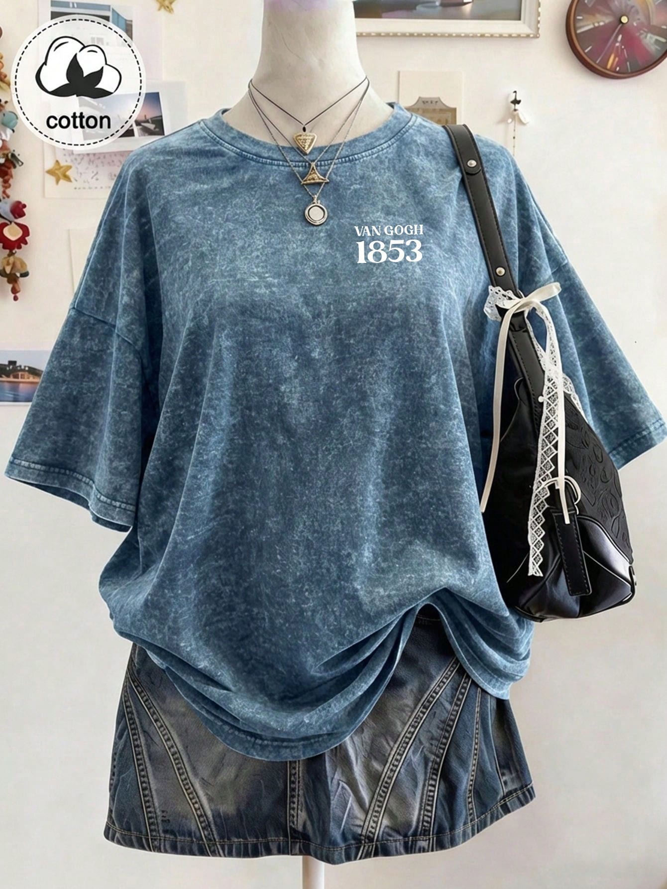 Vintage Washed Van Gogh Starry Sky Graphic Letter Print Plus Size T-Shirt, Women Casual Loose Summer Top