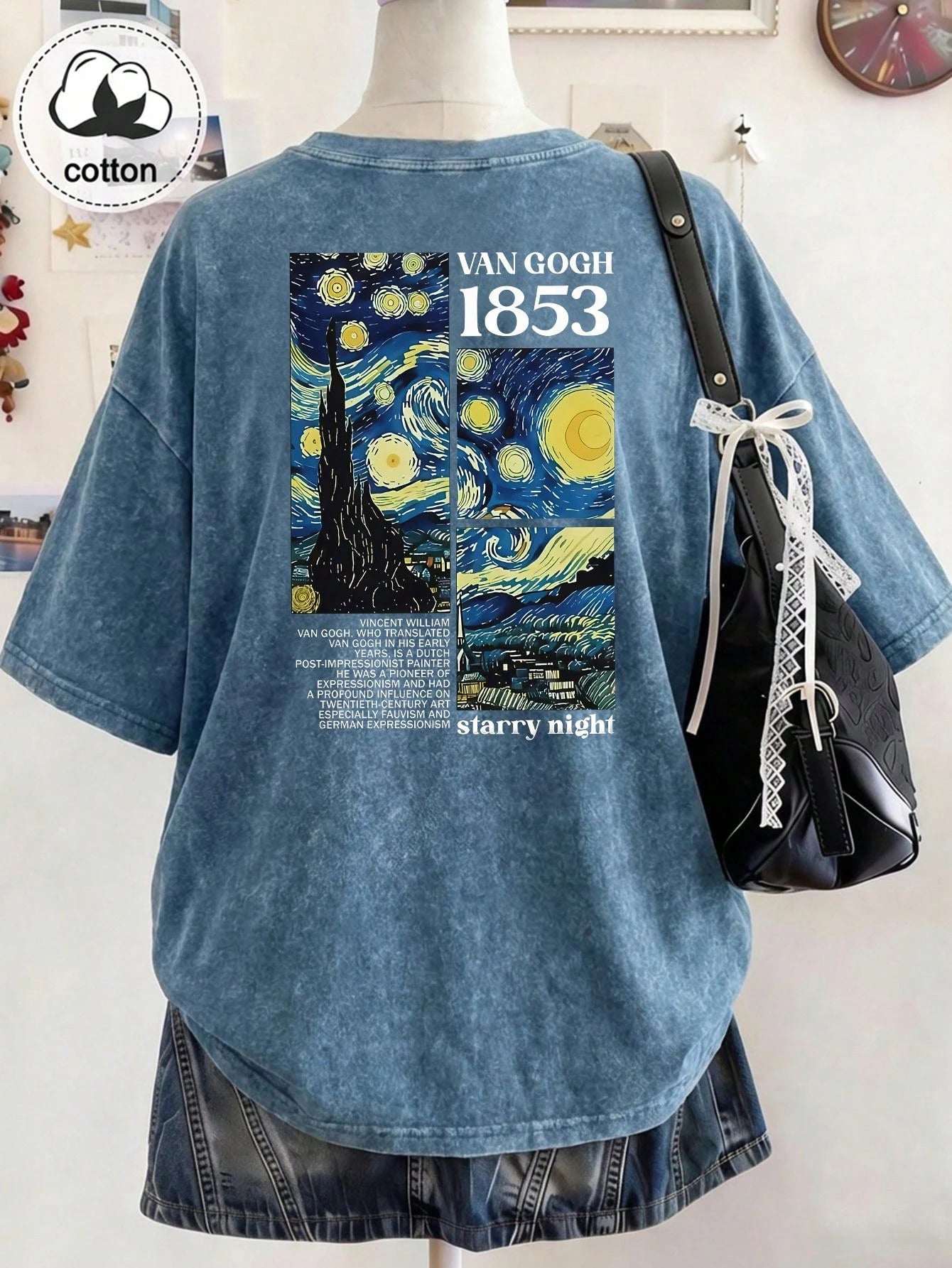 Vintage Washed Van Gogh Starry Sky Graphic Letter Print Plus Size T-Shirt, Women Casual Loose Summer Top