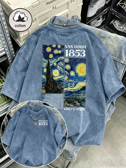 Vintage Washed Van Gogh Starry Sky Graphic Letter Print Plus Size T-Shirt, Women Casual Loose Summer Top