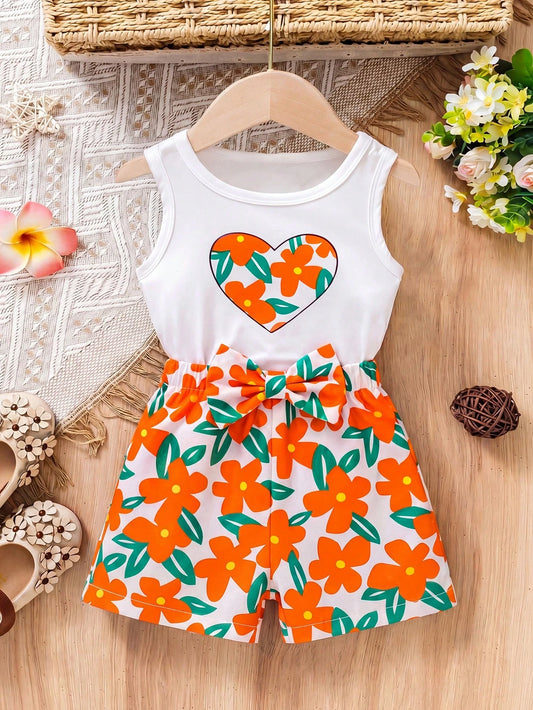 Vintaside Kids 2pcs/Set Baby Girl Heart & Floral Print Round Neck Vest And Butterfly Decor Floral Print Shorts Summer Outfit