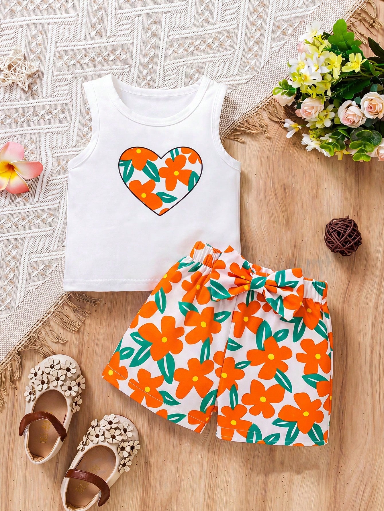 Vintaside Kids 2pcs/Set Baby Girl Heart & Floral Print Round Neck Vest And Butterfly Decor Floral Print Shorts Summer Outfit