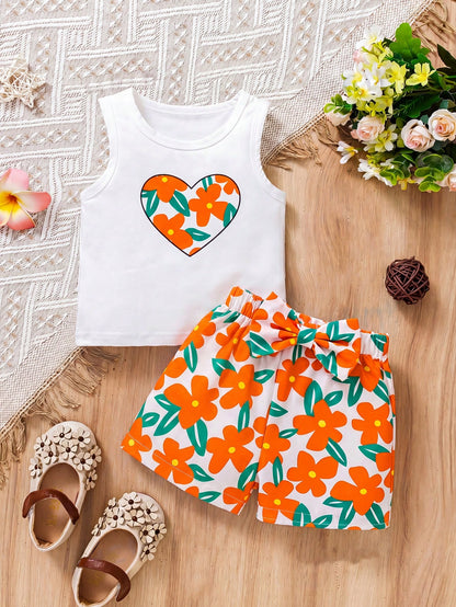 Vintaside Kids 2pcs/Set Baby Girl Heart & Floral Print Round Neck Vest And Butterfly Decor Floral Print Shorts Summer Outfit
