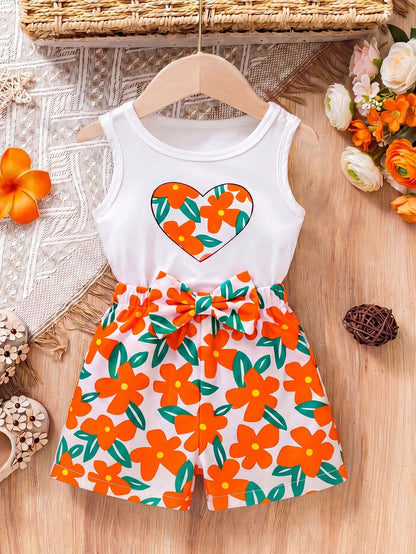 Vintaside Kids 2pcs/Set Baby Girl Heart & Floral Print Round Neck Vest And Butterfly Decor Floral Print Shorts Summer Outfit
