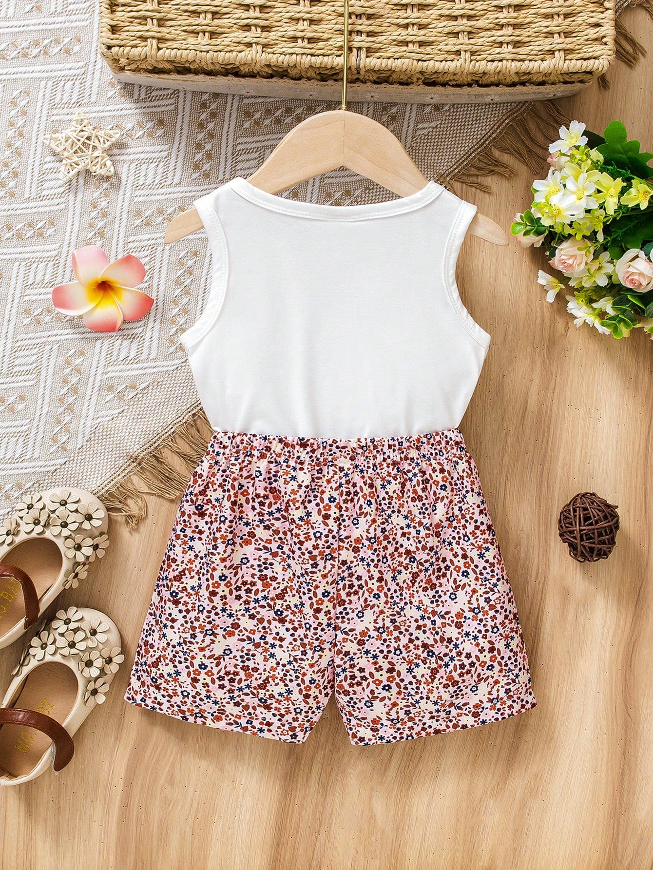 Vintaside Kids 2pcs/Set Baby Girl Heart & Floral Print Round Neck Vest And Butterfly Decor Floral Print Shorts Summer Outfit