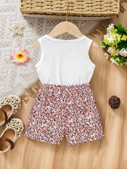 Vintaside Kids 2pcs/Set Baby Girl Heart & Floral Print Round Neck Vest And Butterfly Decor Floral Print Shorts Summer Outfit