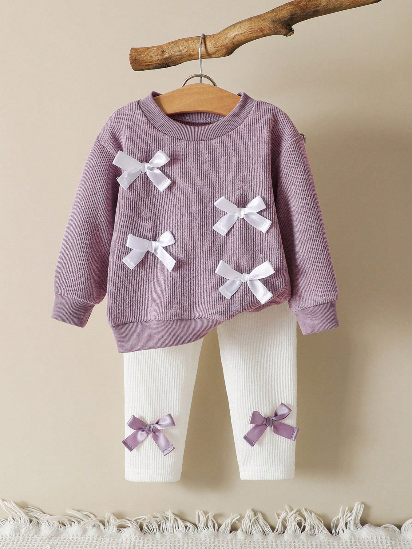 Vintaside Kids 2pcs/Set Baby Girls Casual Versatile Comfortable Cute Bow Decor Round Neck Top And Pants Sets, Suitable For Home And Outdoor Wear, Autumn/Winter