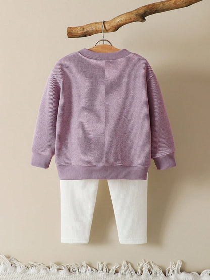 Vintaside Kids 2pcs/Set Baby Girls Casual Versatile Comfortable Cute Bow Decor Round Neck Top And Pants Sets, Suitable For Home And Outdoor Wear, Autumn/Winter