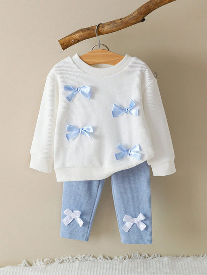 Vintaside Kids 2pcs/Set Baby Girls Casual Versatile Comfortable Cute Bow Decor Round Neck Top And Pants Sets, Suitable For Home And Outdoor Wear, Autumn/Winter