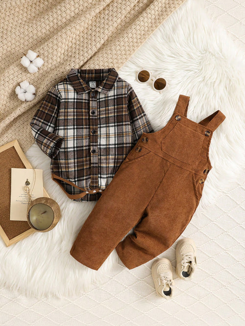 Vintaside Kids 2pcs Toddler Infant Baby Boy Brown Plaid Corduroy Bib Overalls Set Autumn Casual Matching Family Jumpsuit Clothing For Fall Winter Season