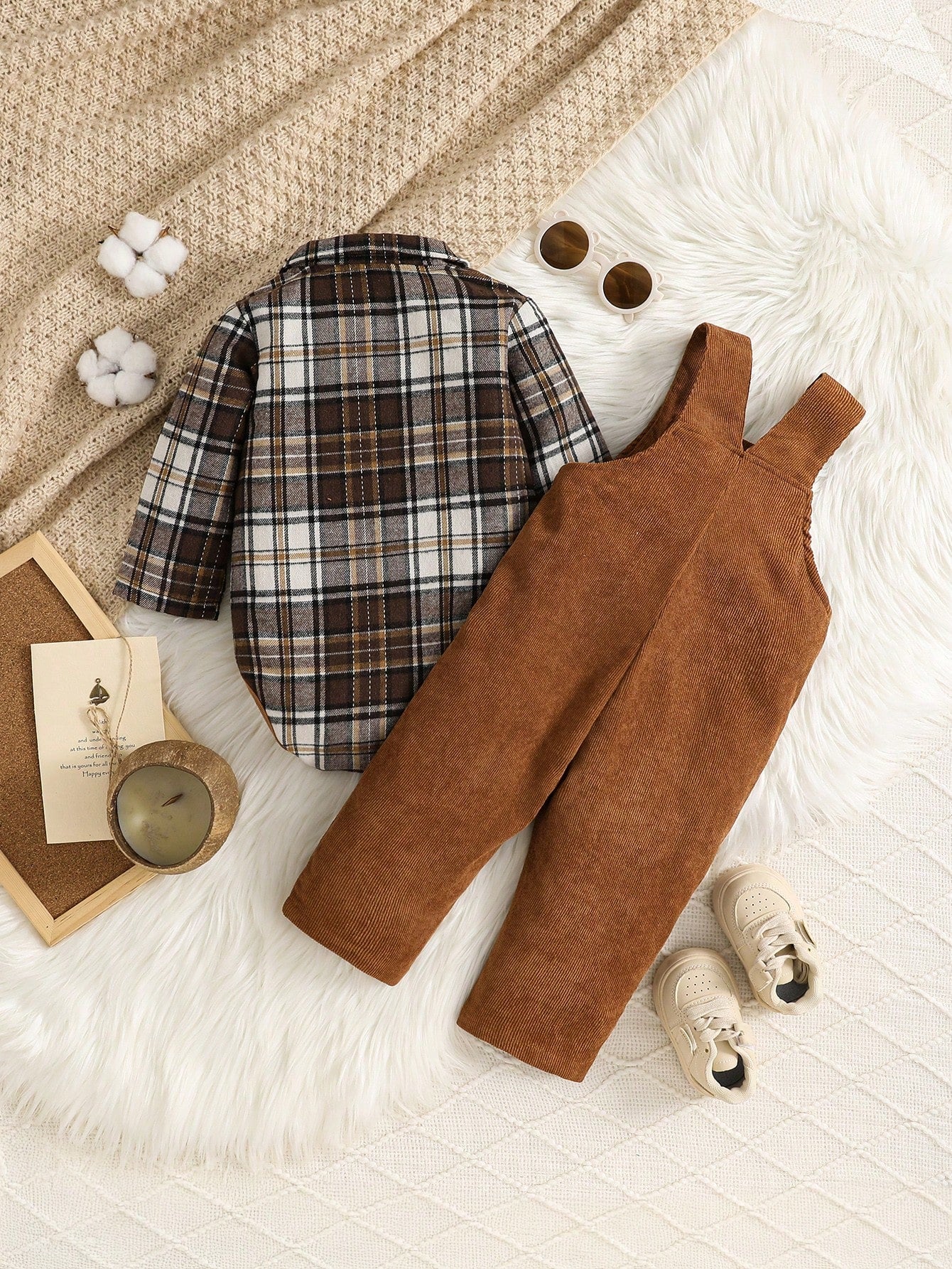 Vintaside Kids 2pcs Toddler Infant Baby Boy Brown Plaid Corduroy Bib Overalls Set Autumn Casual Matching Family Jumpsuit Clothing For Fall Winter Season