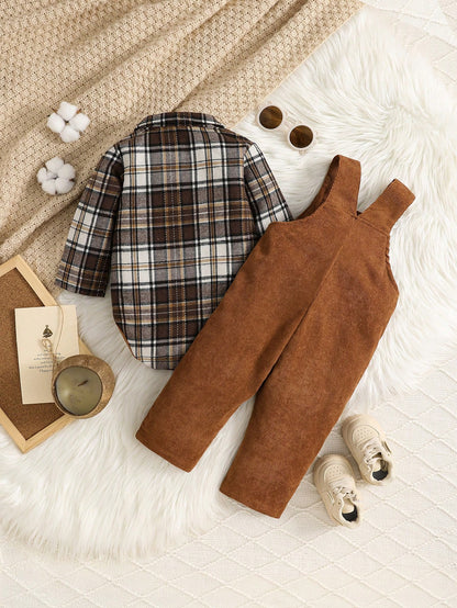 Vintaside Kids 2pcs Toddler Infant Baby Boy Brown Plaid Corduroy Bib Overalls Set Autumn Casual Matching Family Jumpsuit Clothing For Fall Winter Season