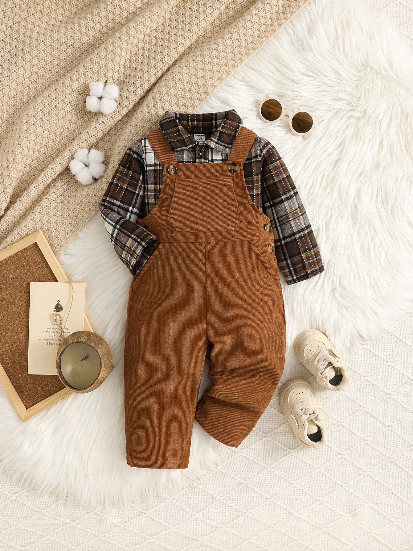 Vintaside Kids 2pcs Toddler Infant Baby Boy Brown Plaid Corduroy Bib Overalls Set Autumn Casual Matching Family Jumpsuit Clothing For Fall Winter Season