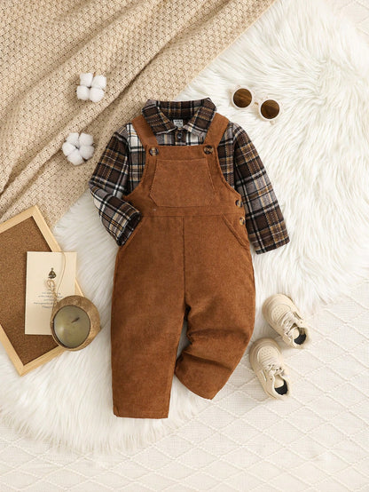 Vintaside Kids 2pcs Toddler Infant Baby Boy Brown Plaid Corduroy Bib Overalls Set Autumn Casual Matching Family Jumpsuit Clothing For Fall Winter Season