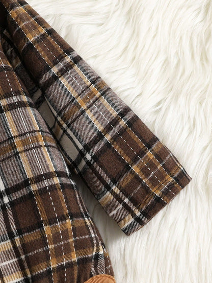 Vintaside Kids 2pcs Toddler Infant Baby Boy Brown Plaid Corduroy Bib Overalls Set Autumn Casual Matching Family Jumpsuit Clothing For Fall Winter Season