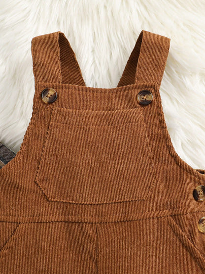 Vintaside Kids 2pcs Toddler Infant Baby Boy Brown Plaid Corduroy Bib Overalls Set Autumn Casual Matching Family Jumpsuit Clothing For Fall Winter Season