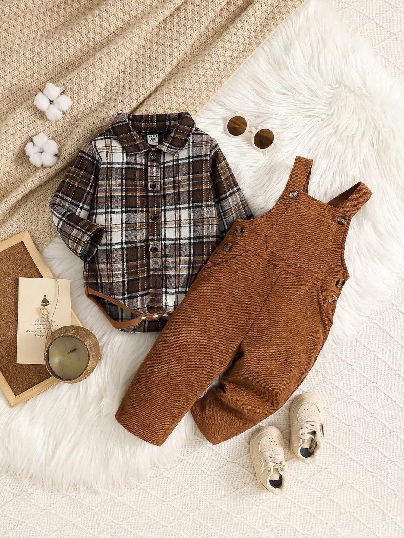 Vintaside Kids 2pcs Toddler Infant Baby Boy Brown Plaid Corduroy Bib Overalls Set Autumn Casual Matching Family Jumpsuit Clothing For Fall Winter Season